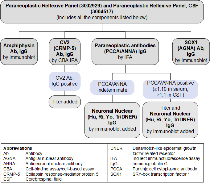 Reflex patterns for Paraneoplastic Reflexive Panel serum and CSF tests